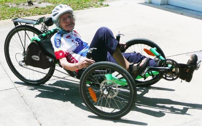 Phyllis Harmon riding her Catrike at age 94